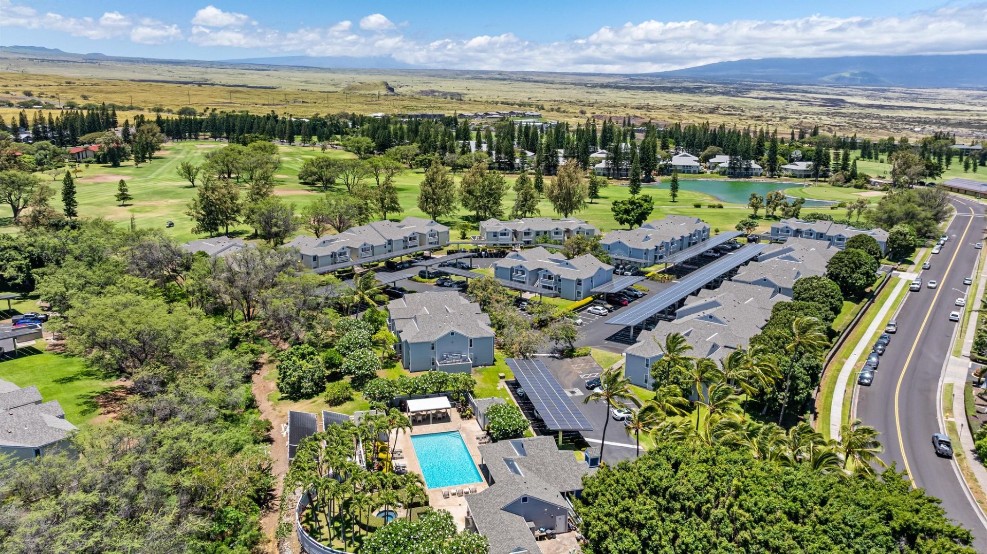 Aerial view of Fairway Terrace community along the Waikoloa Village golf course